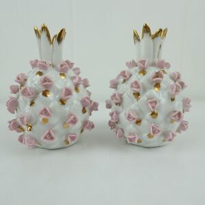 Lefton Pink Rose Encrusted Pineapple Salt & Pepper Shakers Vintage
